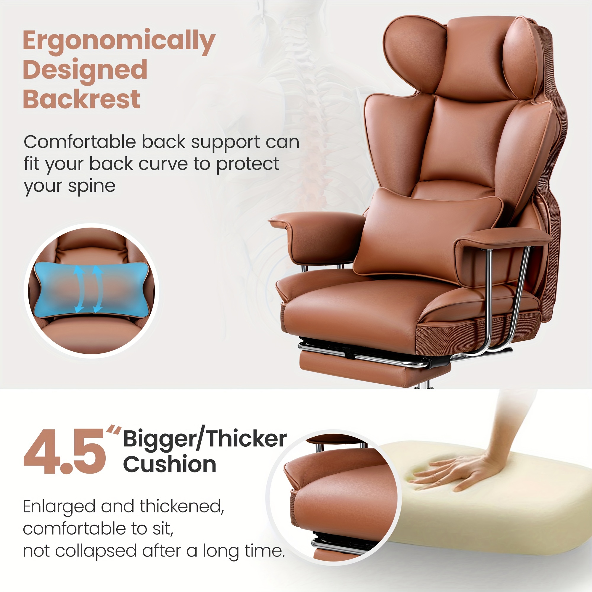 Plus-Size Executive High-Back Leather Office Chair with Footrest & Lumbar Support - Image 8