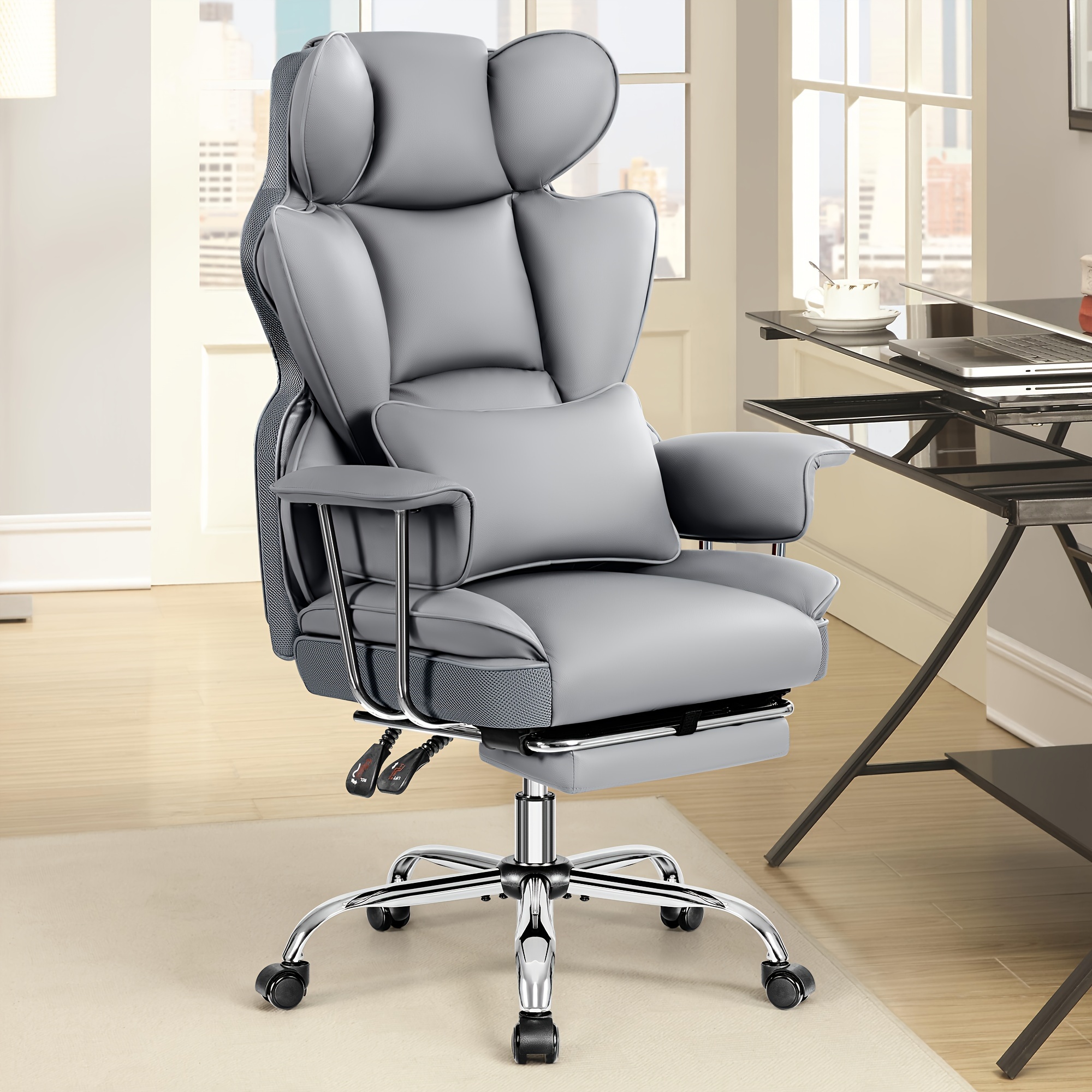 Plus-Size Executive High-Back Leather Office Chair with Footrest & Lumbar Support - Image 4