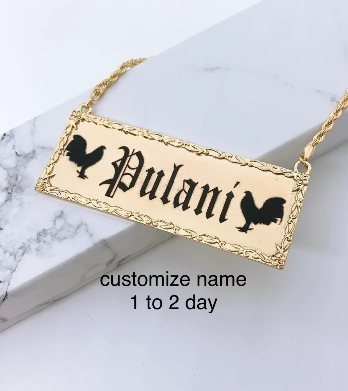Hawaiian Personalized Flower Name Plate Necklace 18in Rope Chain Gold - Image 3