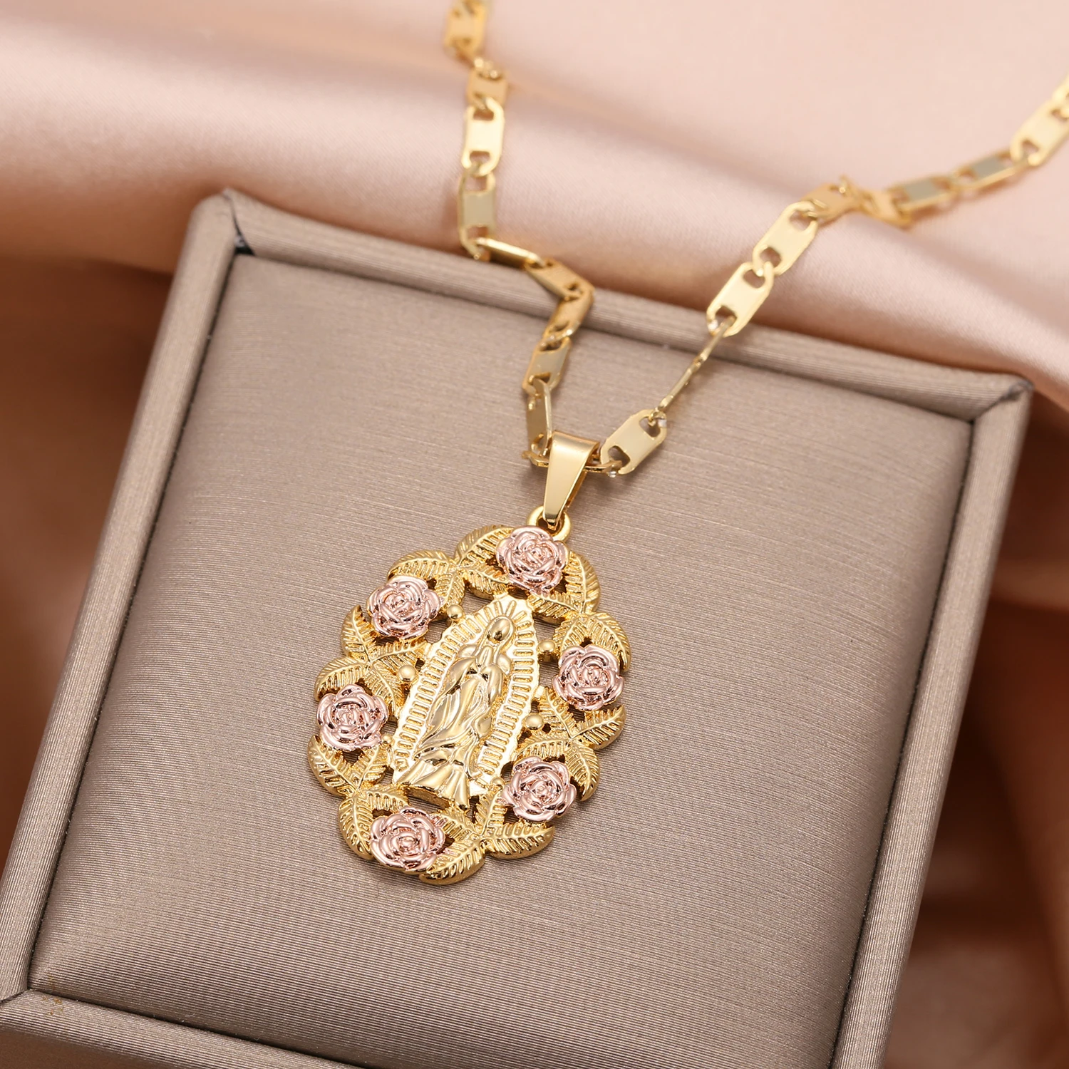 Custom Virgin Mary Necklace with Roses – Personalized Virgen de Guadalupe Pendant - Image 4