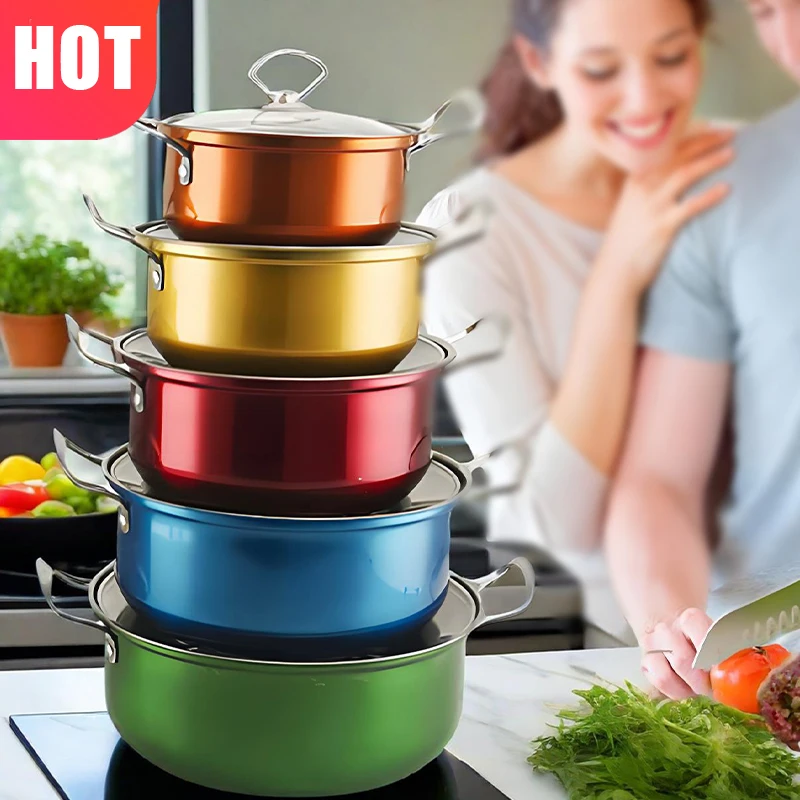 16-Piece Multi-Colored Non-Stick Stainless Steel Cookware Set – Frying Pan, Skillet, Stew Pot with Lids - Image 3