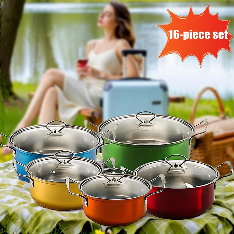 16-Piece Multi-Colored Non-Stick Stainless Steel Cookware Set – Frying Pan, Skillet, Stew Pot with Lids - Image 2