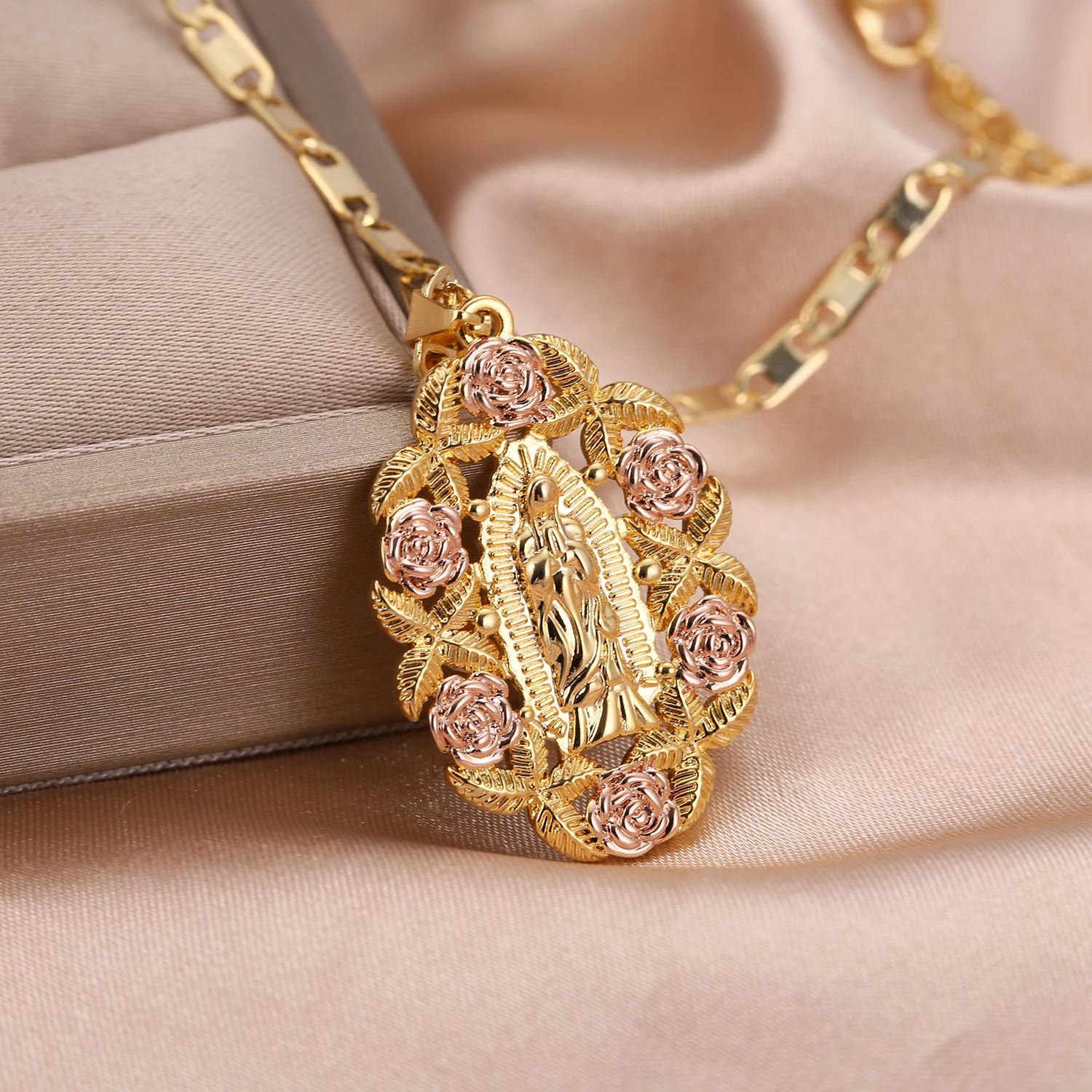 Custom Virgin Mary Necklace with Roses – Personalized Virgen de Guadalupe Pendant - Image 2