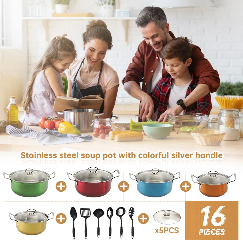 16-Piece Multi-Colored Non-Stick Stainless Steel Cookware Set – Frying Pan, Skillet, Stew Pot with Lids - Image 6