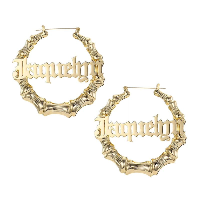 2020 Stainless Steel Bamboo Hoop Earrings Custom Name Statement Jewelry - Image 3