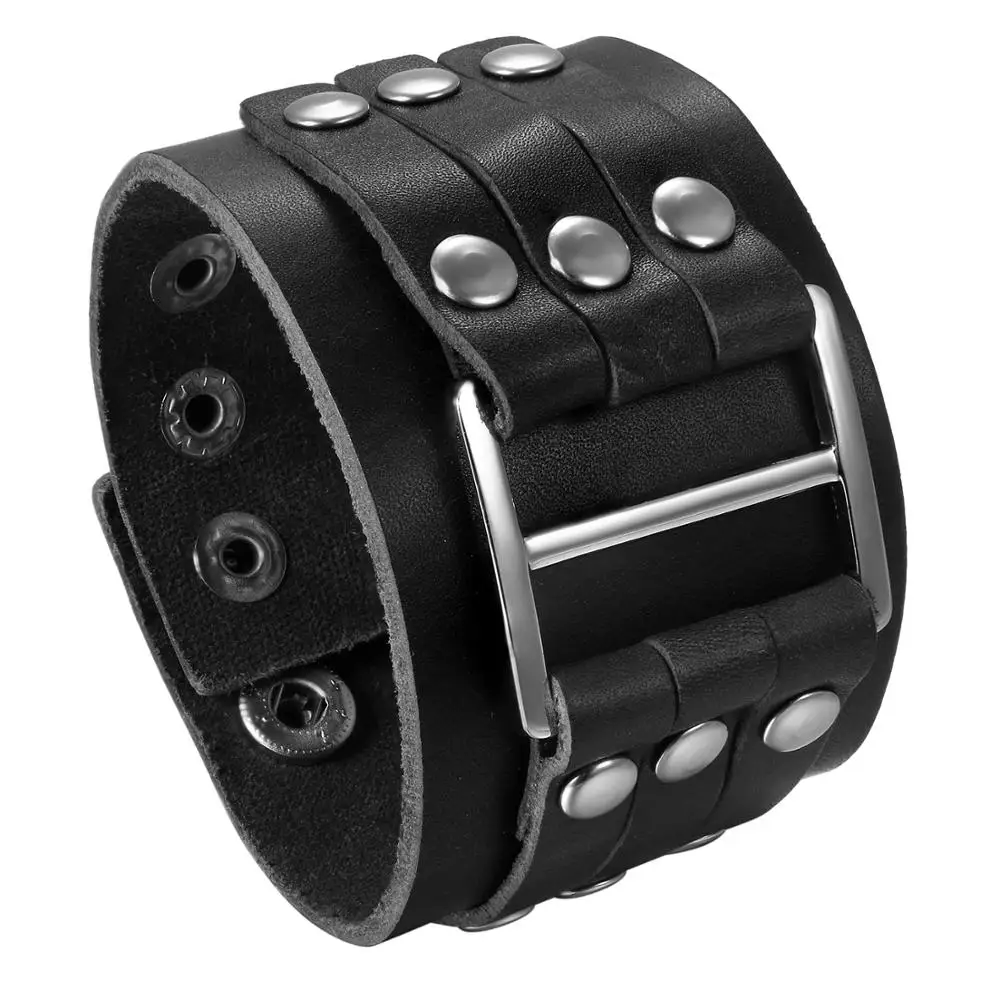 Men's Punk Wide Buckle Rivet Leather Cuff Bracelet - Image 8