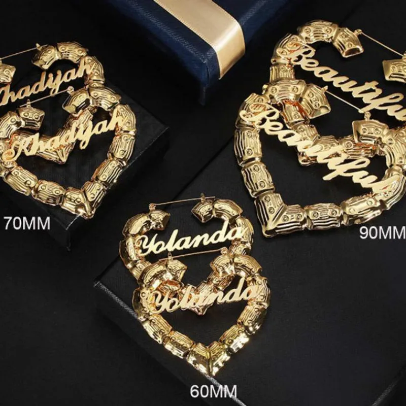 ustomizable 70mm Heart Bamboo Hoop Earrings with Name - Image 3