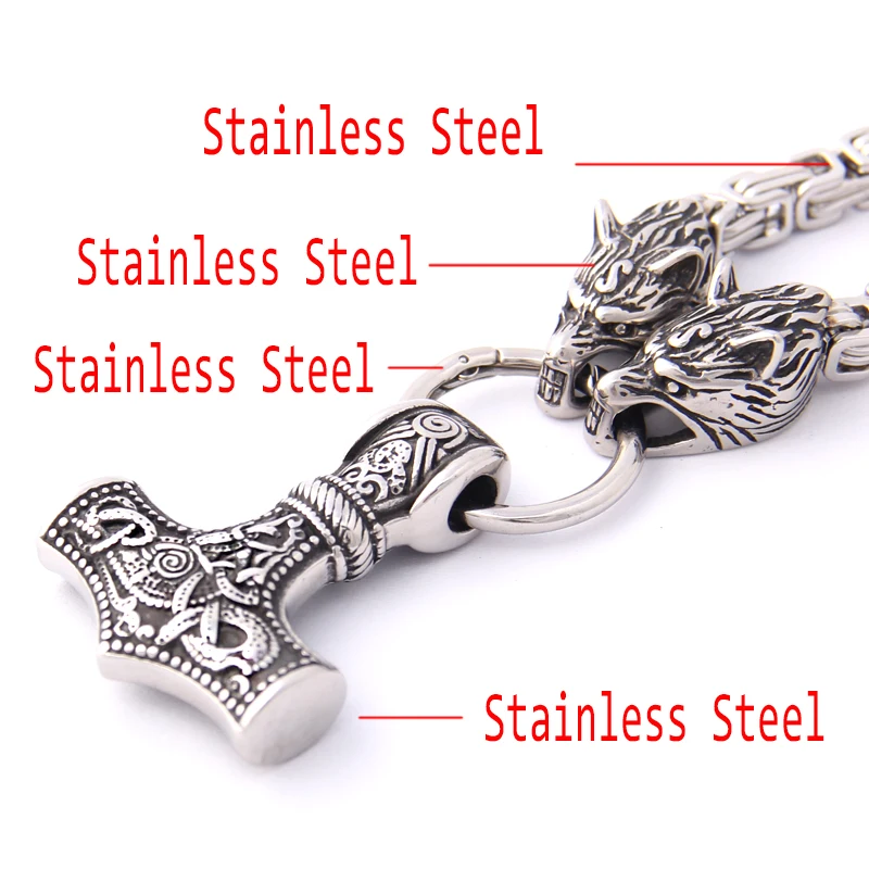 Viking Thor Hammer Pendant Titanium Steel Wolf Head Chain Retro Viking Jewelry - Image 4