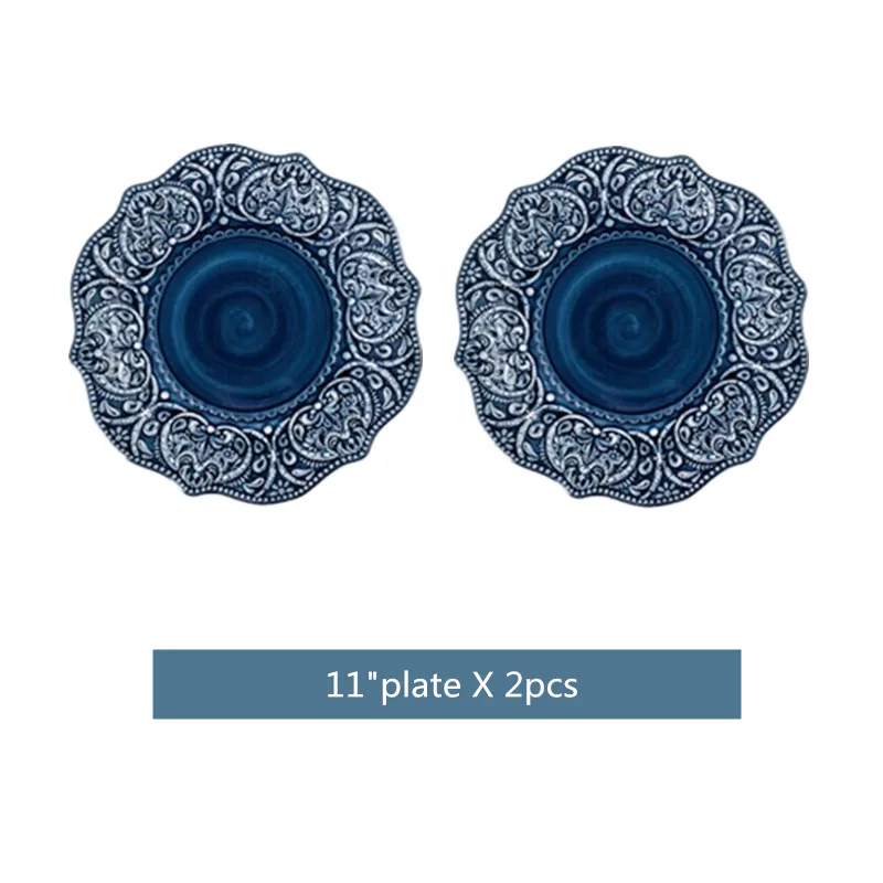 Blue Retro Relief Ceramic Tableware Dishes Set Porcelain Western Dinner Plates Dinnerware Steak Dish Dessert Noodle Bowl Cup - Image 9