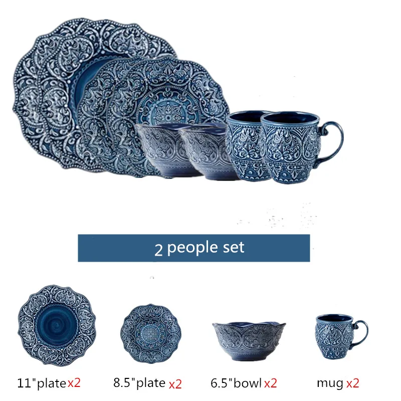 Blue Retro Relief Ceramic Tableware Dishes Set Porcelain Western Dinner Plates Dinnerware Steak Dish Dessert Noodle Bowl Cup - Image 12