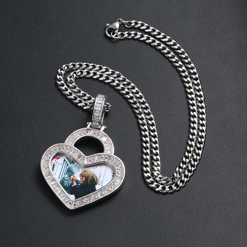 Custom Heart Pendant Necklace – Baguette CZ Photo Jewelry for Him & Her - Image 3