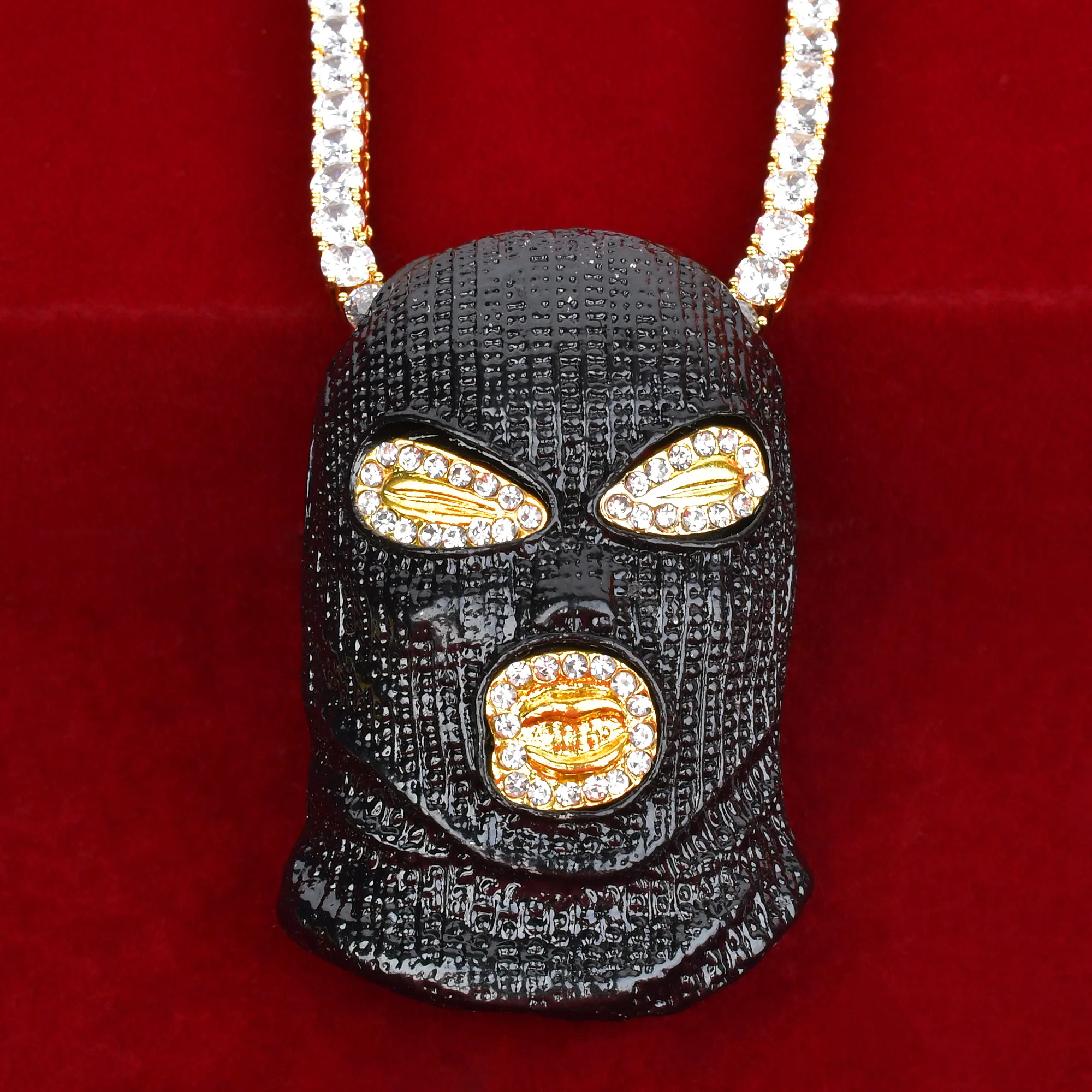 Skull Mask Pendant Necklace – Gold Alloy with Rhinestones, Hip Hop Rock Jewelry - Image 4