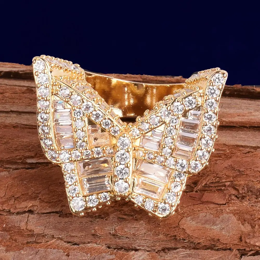 Bubble Letter Butterfly Ring – Iced Out CZ, Gold Plated Hip Hop Jewelry - Image 6