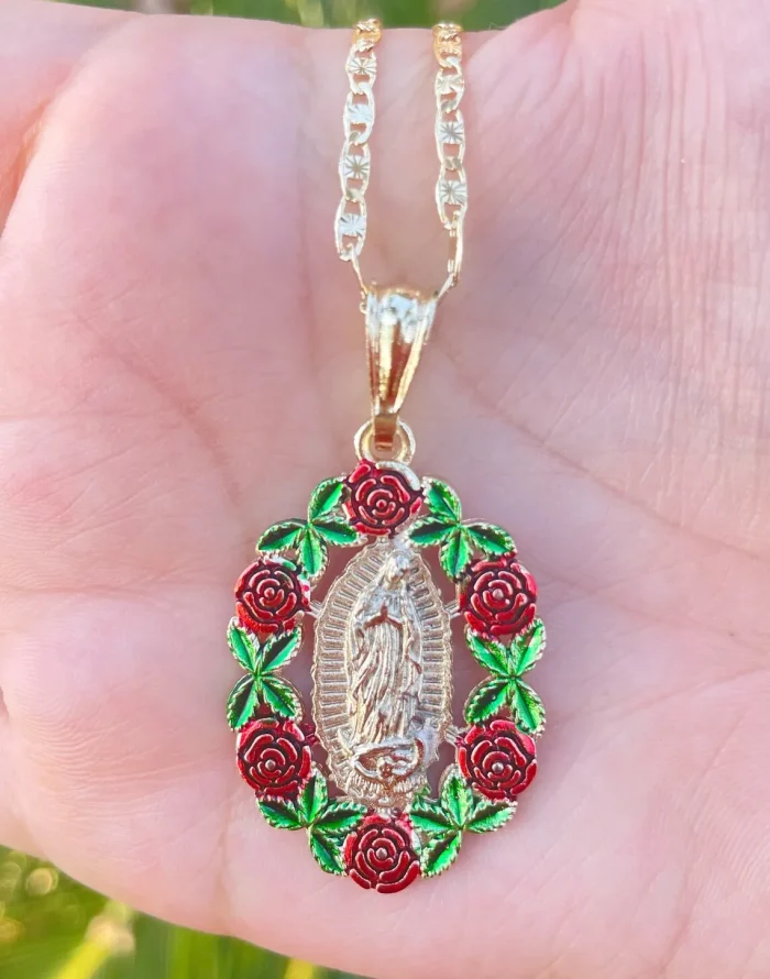 Custom Virgin Mary Necklace with Roses – Personalized Virgen de Guadalupe Pendant - Image 7