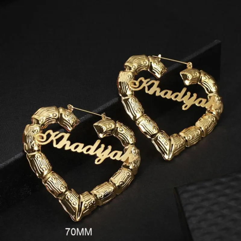 ustomizable 70mm Heart Bamboo Hoop Earrings with Name - Image 2