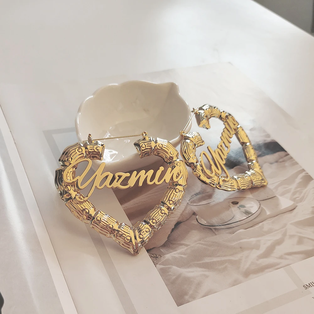 ustomizable 70mm Heart Bamboo Hoop Earrings with Name