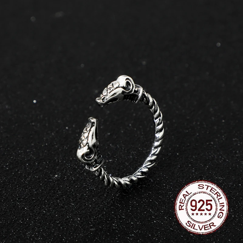 S925 Sterling Silver Viking Adjustable Goat Twist Ring with Vintage Wood Box