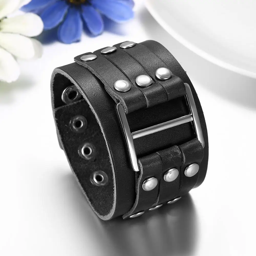 Men's Punk Wide Buckle Rivet Leather Cuff Bracelet - Image 4