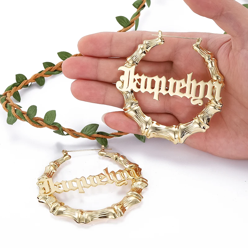 2020 Stainless Steel Bamboo Hoop Earrings Custom Name Statement Jewelry - Image 2