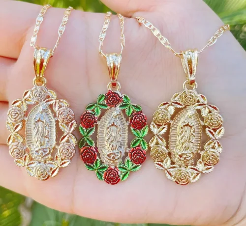 Custom Virgin Mary Necklace with Roses – Personalized Virgen de Guadalupe Pendant