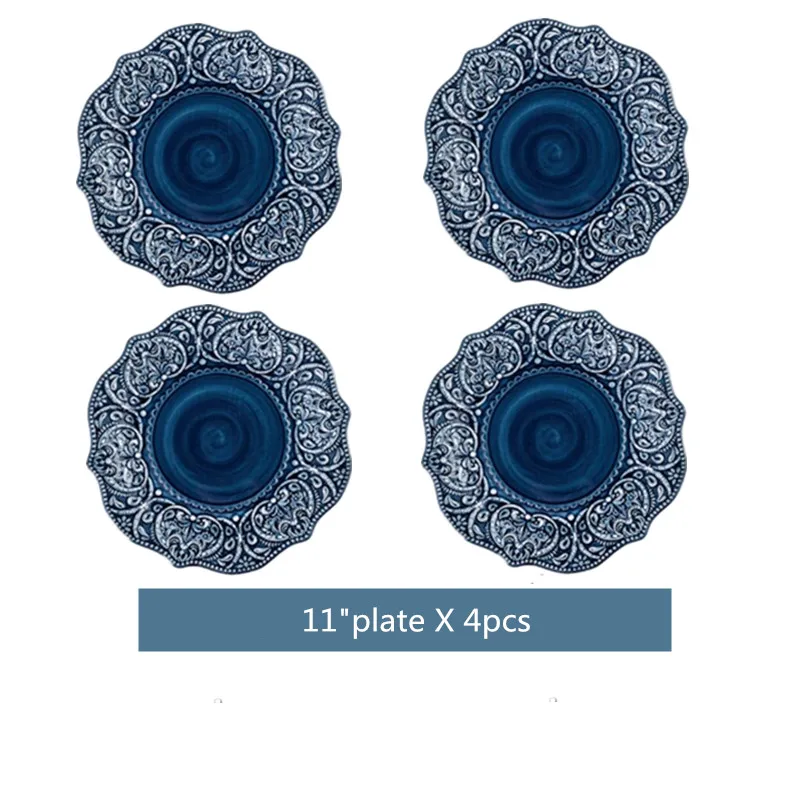Blue Retro Relief Ceramic Tableware Dishes Set Porcelain Western Dinner Plates Dinnerware Steak Dish Dessert Noodle Bowl Cup - Image 17