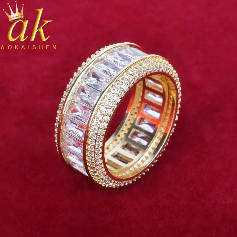 Bling Baguette Zircon Men's Ring 18K Gold-Plated Copper Hip Hop Fashion