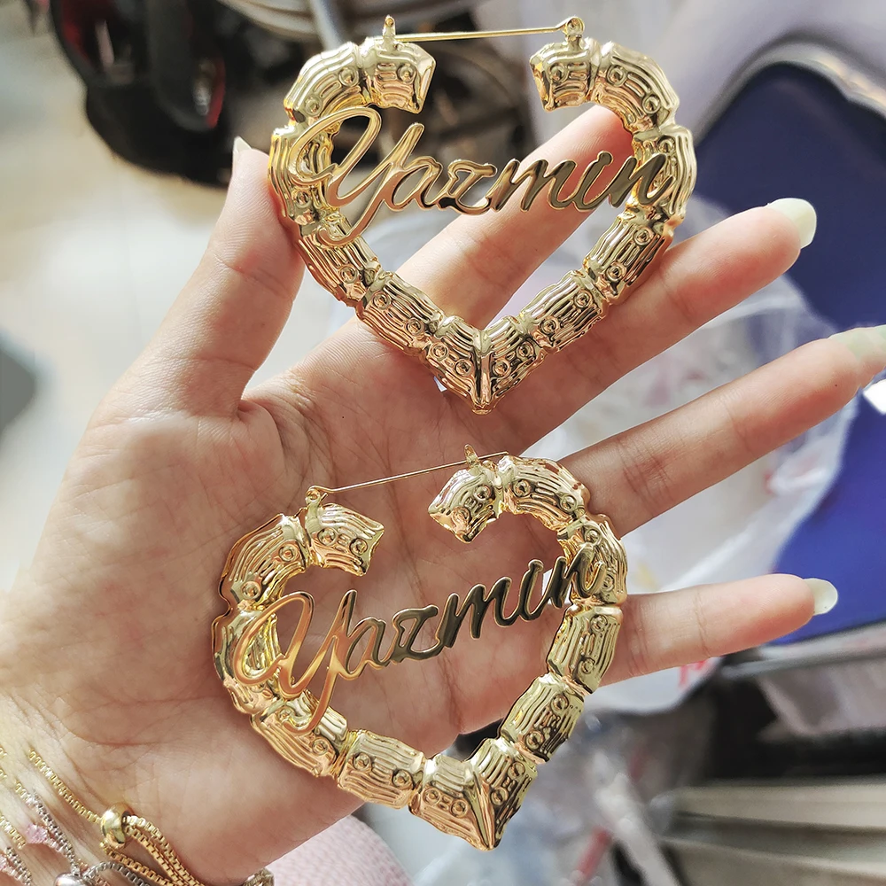 ustomizable 70mm Heart Bamboo Hoop Earrings with Name - Image 4
