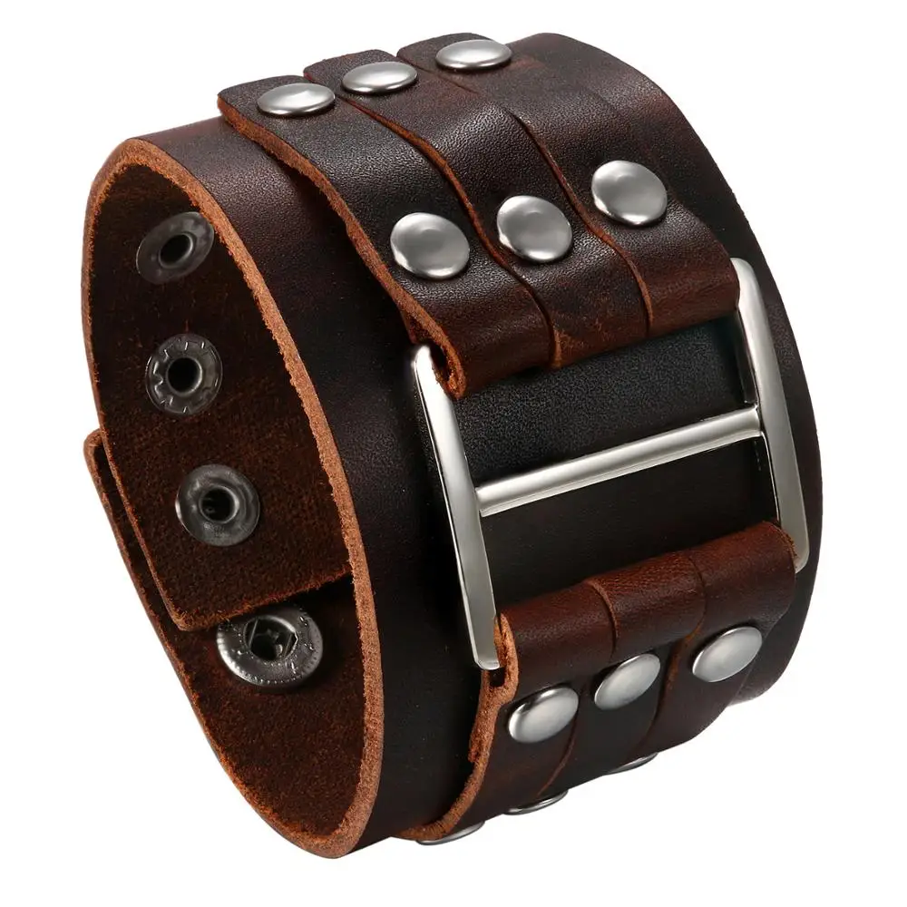 Men's Punk Wide Buckle Rivet Leather Cuff Bracelet - Image 2