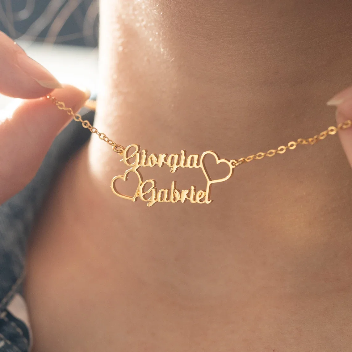 Personalized Gold Heart Name Necklace – Stainless Steel Double Pendant for Couples