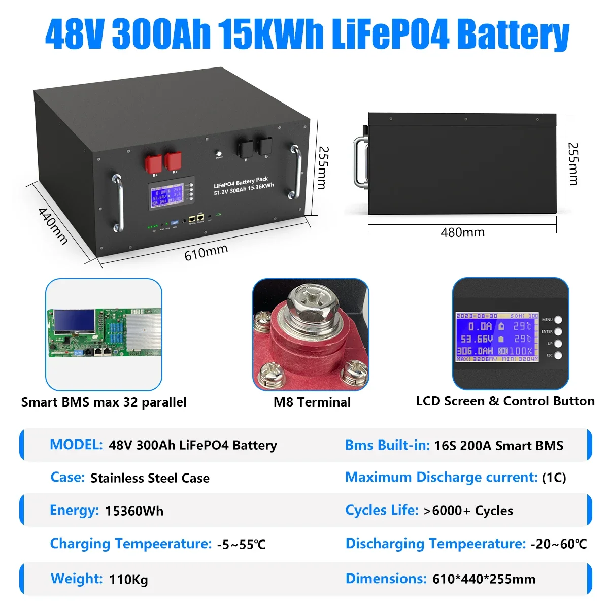 LiFePO4 48V 300AH 15KWH Battery 51.2V 100AH 200AH Lithium Solar Battery 6000+ Cycles With 16S 200A BMS For Inverter EU Stock - Image 2