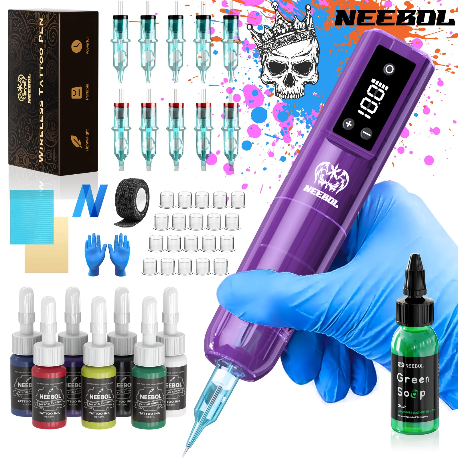 Neebol Wireless Tattoo Machine Kit – Cordless Rotary Pen, 1600mAh Battery, 20 Needles