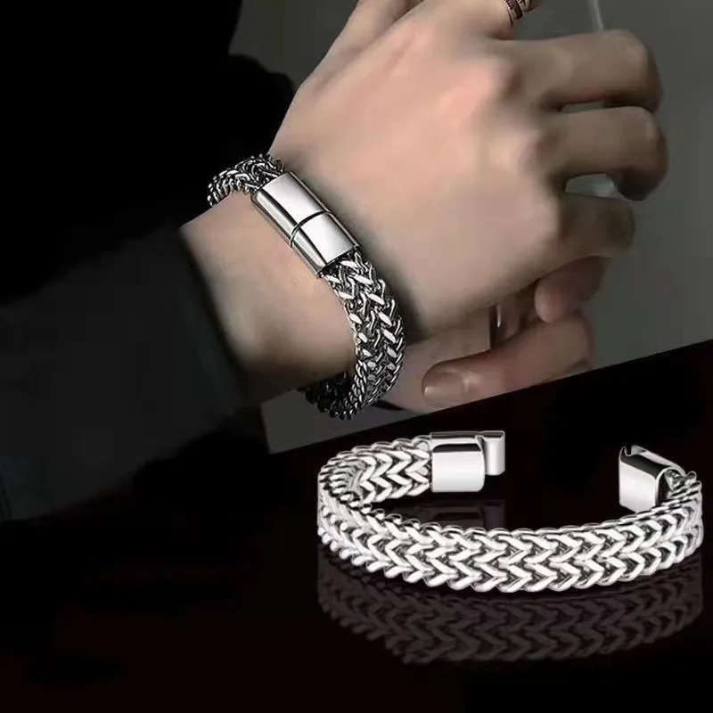 Men’s Hip-Hop Double-Layer Braided Stainless Steel Bracelet – Personalized Gift