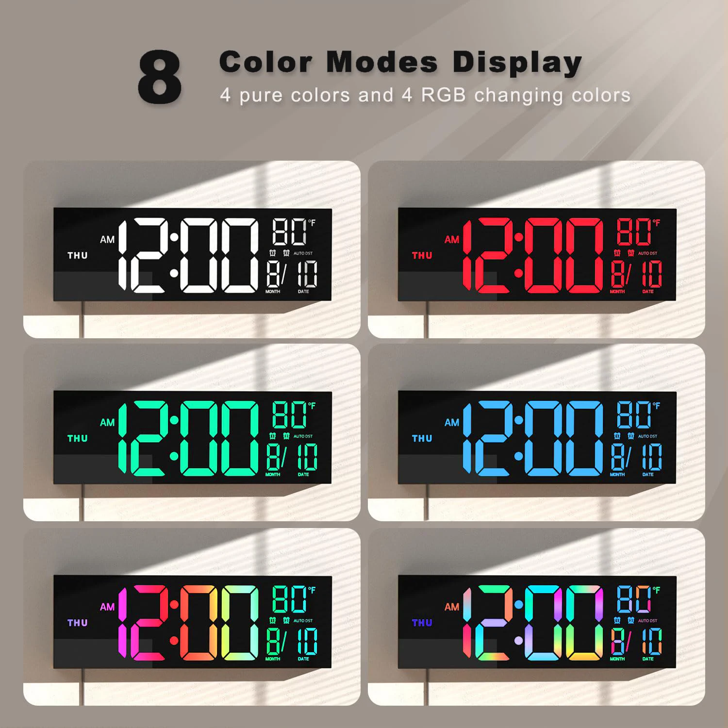 16" Large Digital Wall Clock, Big LED Display with Remote, 8 RGB Color, Alarm, DST, Temperature for Living Room, Kitchen - Image 3
