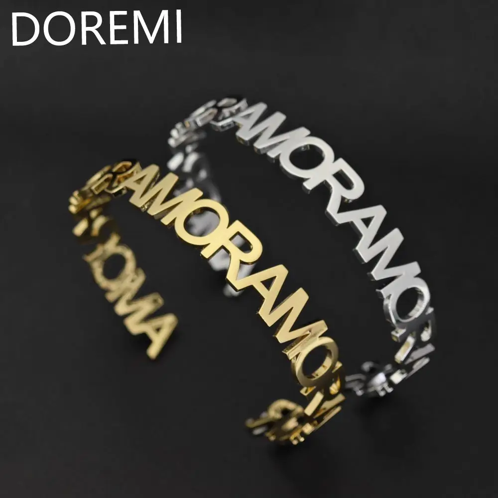 DOREMI Personalized Initial Letter Cuff Open Bangle Stainless Steel Custom Name Jewelry