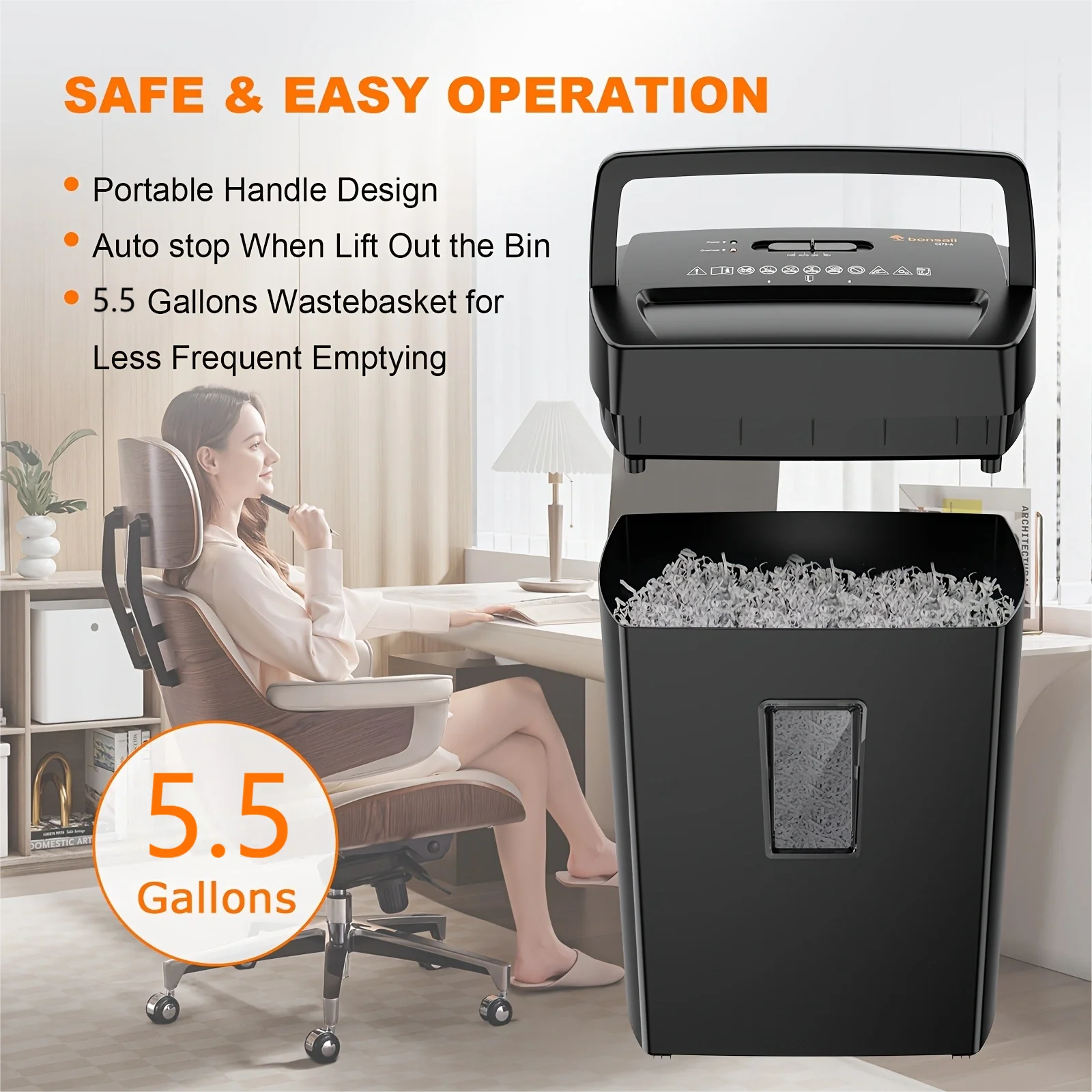 Bonsaii 12-Sheet Cross Cut Paper Shredder with portable hand for Home Office Use with 5.5 Gals Wastebasket - Image 6