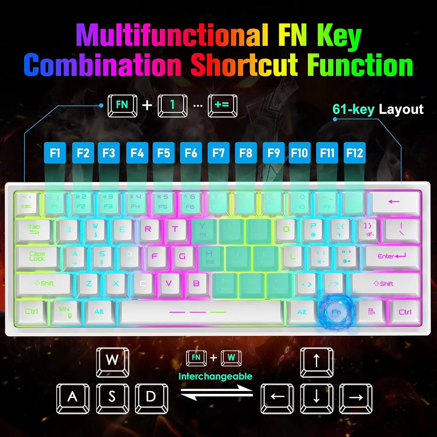 T61 Wireless Gaming Keyboard and Mouse Combo, Ergonomic 61 Key Rainbow LED Backlight Rechargeable 4000mAh Battery Mouse Pad - Image 4