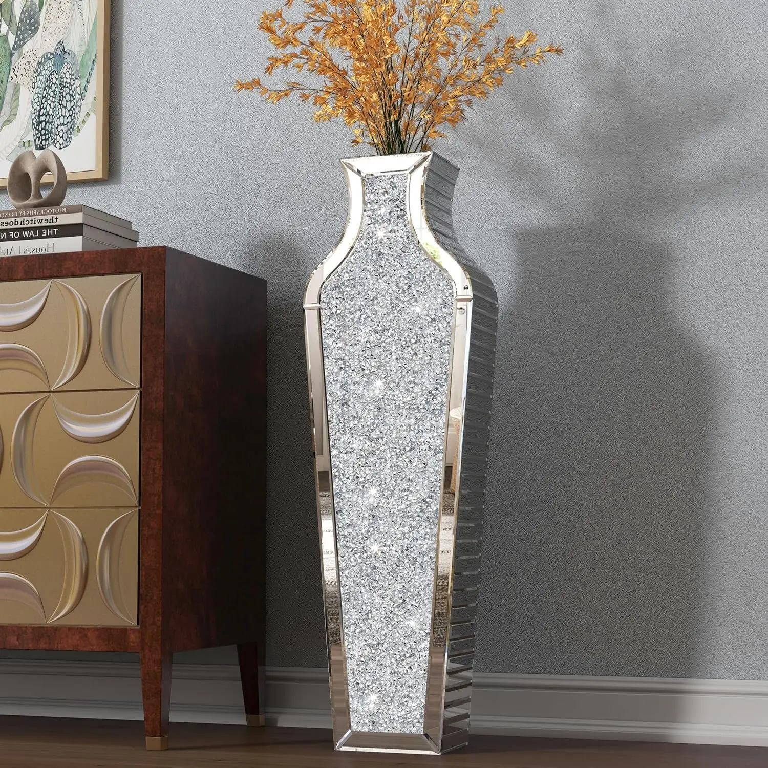 2 Shapes 68CM Crushed Diamond Decorative Mirrored Floor Vase Crystal Silver Glass Flower Vase for Pampas Grass Artificial Flower - Image 8