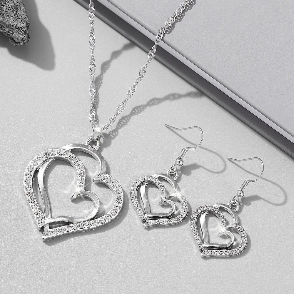 3pcs Heart-Shaped Jewelry Set Earrings Pendant Necklace Women Rhinestone Fashion Jewelry - Image 15