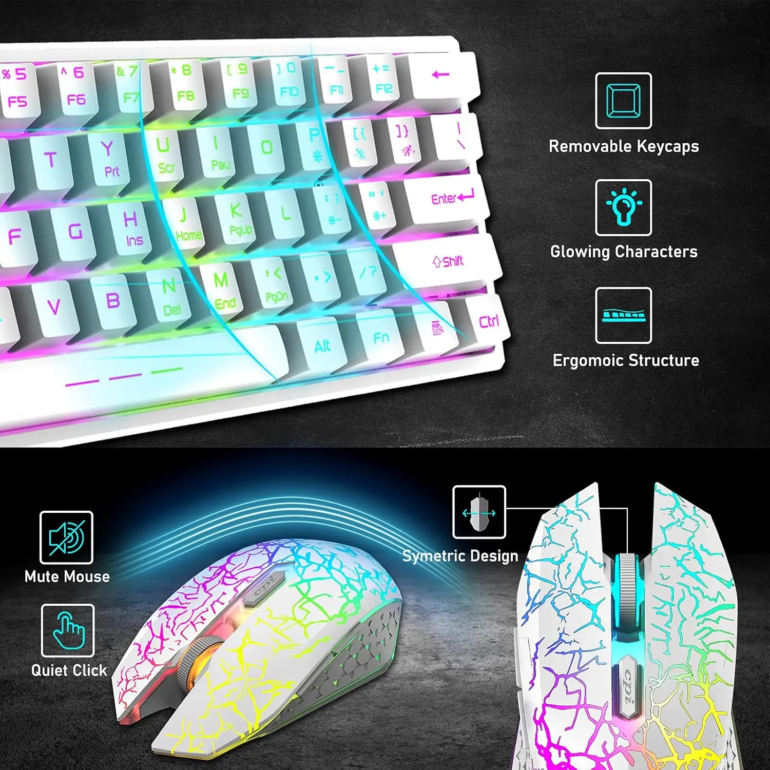 T61 Wireless Gaming Keyboard and Mouse Combo, Ergonomic 61 Key Rainbow LED Backlight Rechargeable 4000mAh Battery Mouse Pad - Image 5