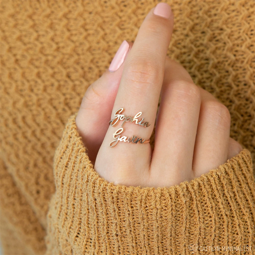 Personalized Adjustable Double Name Ring – Stainless Steel Wedding Gift - Image 2