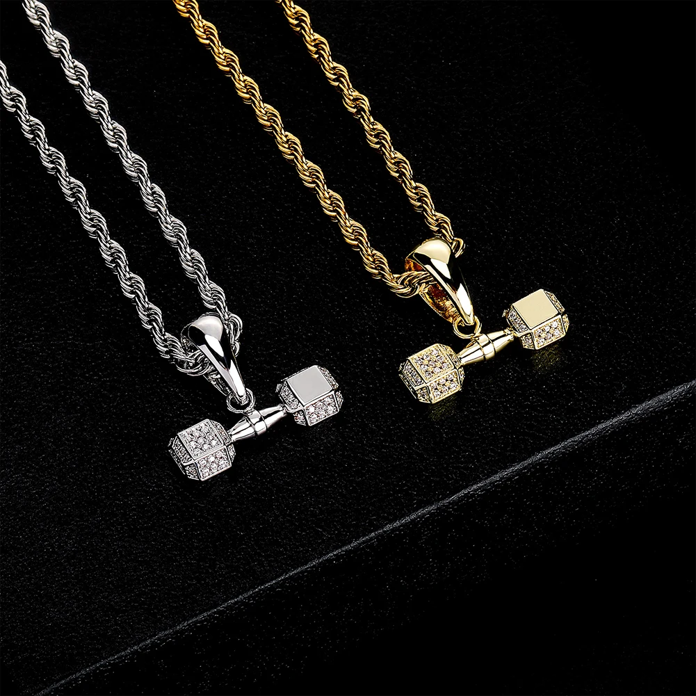 TOPGRILLZ Hip Hop Classic Dumbbell Pendant Necklace – Iced Out Bling Gold-Plated - Image 2