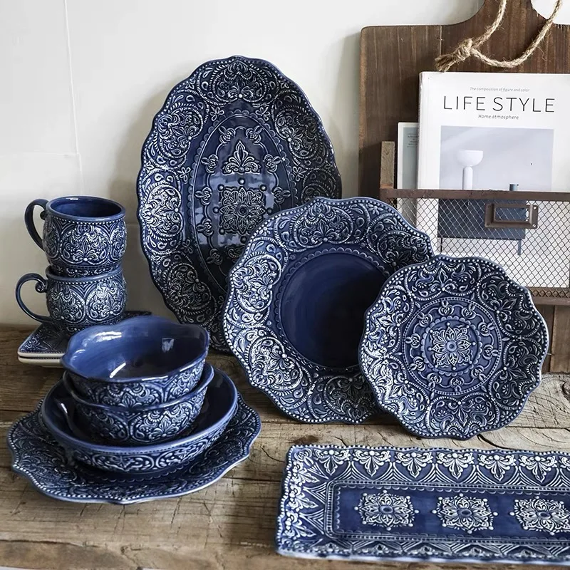 Blue Retro Relief Ceramic Tableware Dishes Set Porcelain Western Dinner Plates Dinnerware Steak Dish Dessert Noodle Bowl Cup