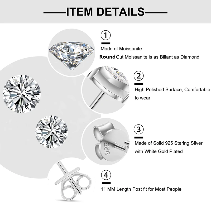 GRA Certified Moissanite Stud Earrings – 925 Sterling Silver, D/VVS1 - Image 4