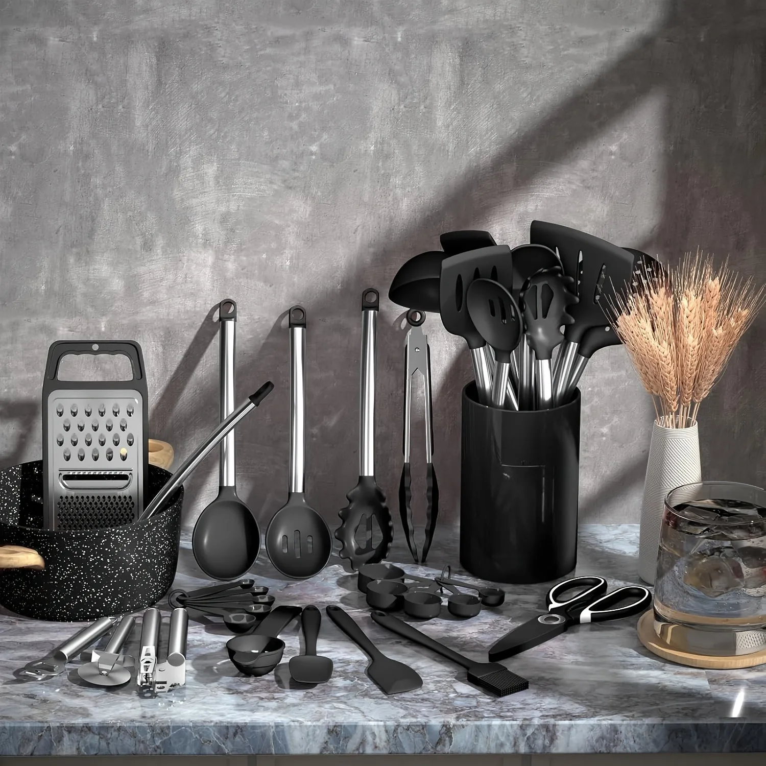37-Piece Silicone Kitchen Utensil Set with Stainless Steel Handles – Non-Stick Safe, Black