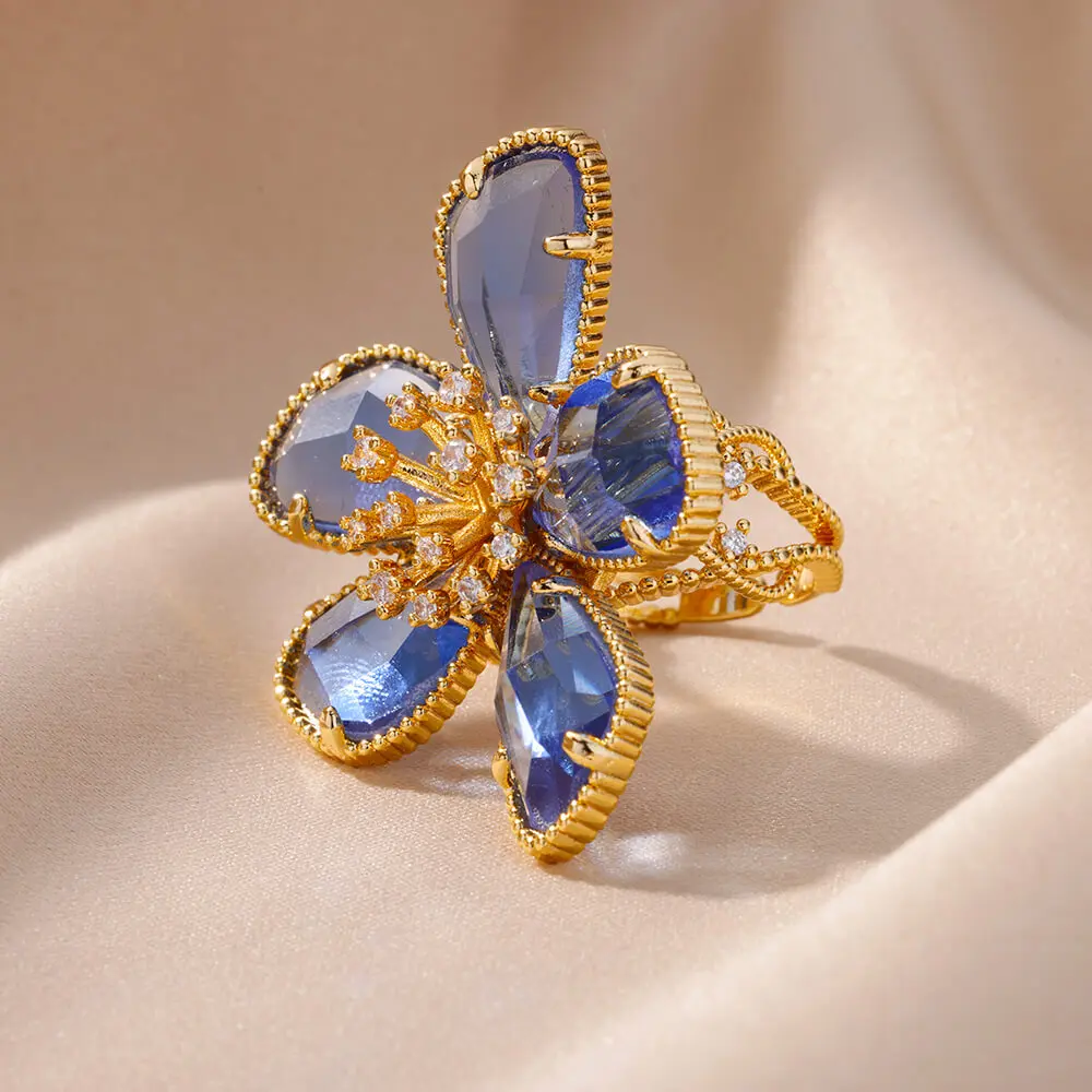 Stainless Steel Blue Zircon Adjustable Flower Ring for Women Wedding Jewelry Gift - Image 6
