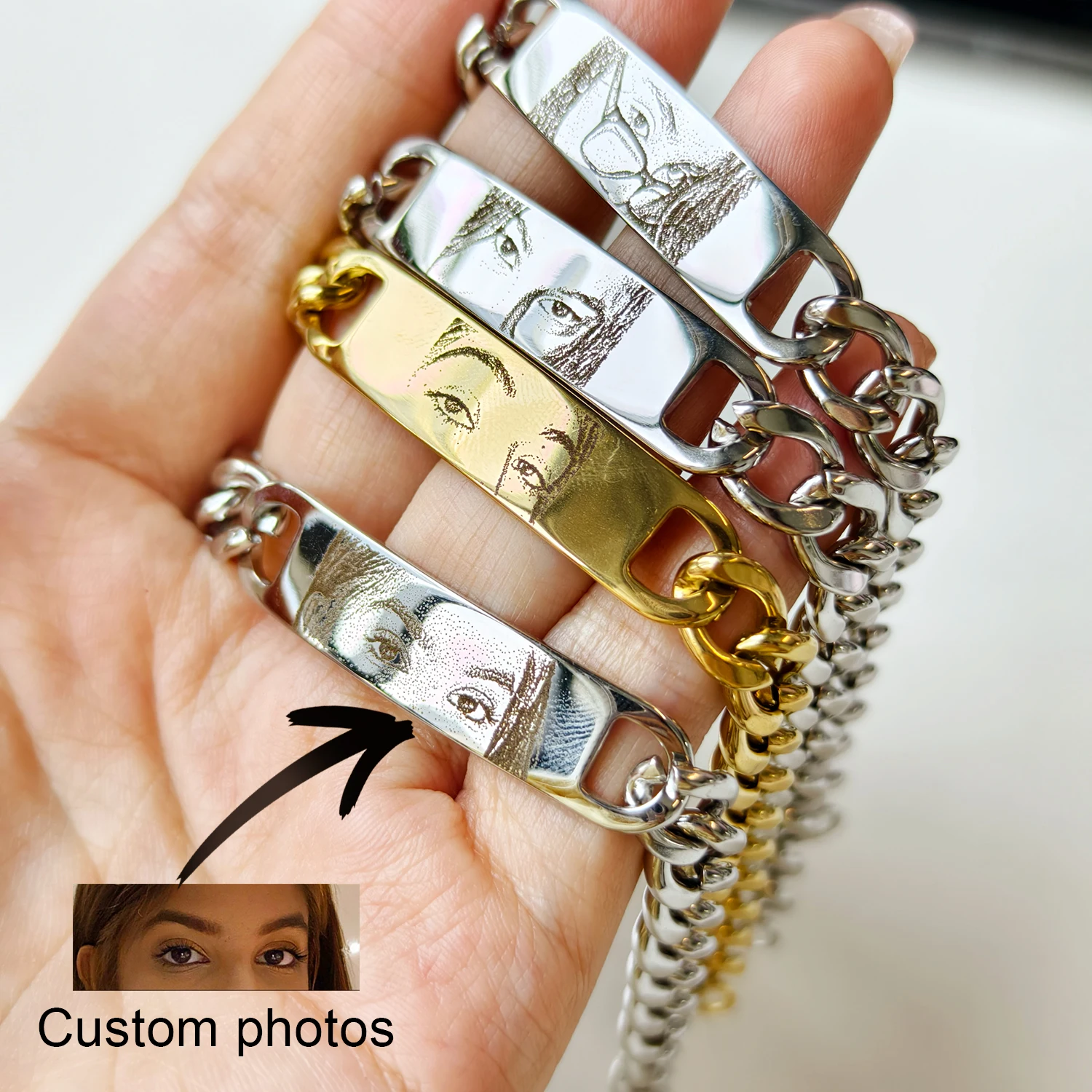 Personalized Eye Photo Bracelet Custom Engraved Drawing Jewelry Couple Pendant Gift