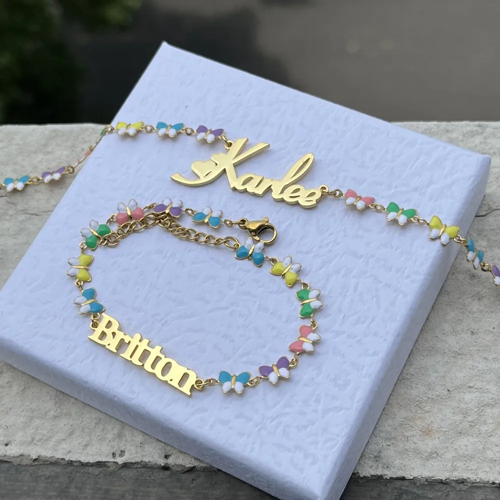 DUOYING Custom Name Butterfly Necklace & Bracelet Set – Stainless Steel, Mixed Color Enamel - Image 2