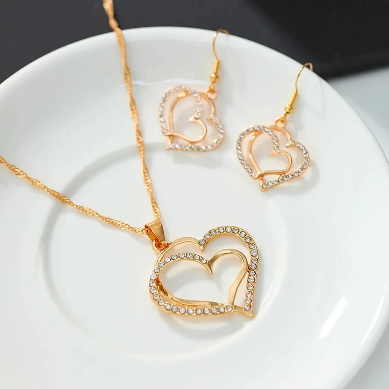 3pcs Heart-Shaped Jewelry Set Earrings Pendant Necklace Women Rhinestone Fashion Jewelry - Image 3