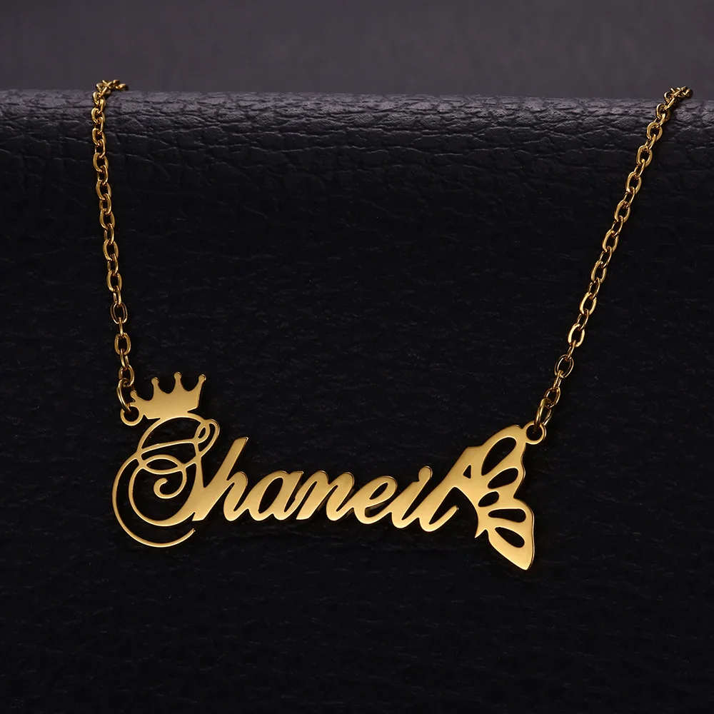 Personalized Butterfly Crown Name Necklace – Custom Stainless Steel Choker