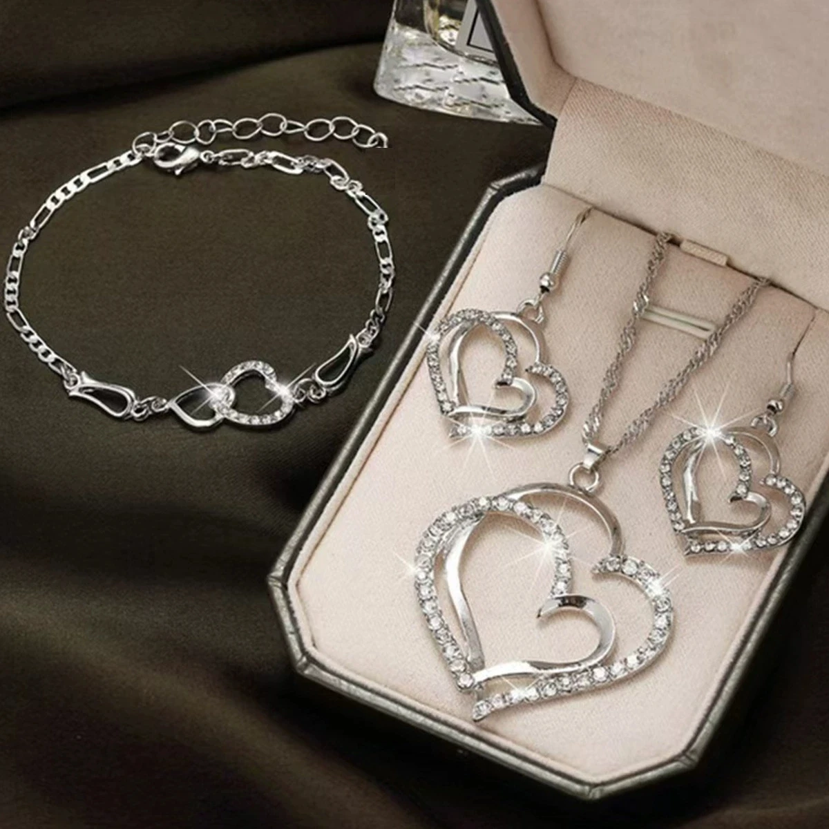 3pcs Heart-Shaped Jewelry Set Earrings Pendant Necklace Women Rhinestone Fashion Jewelry - Image 10